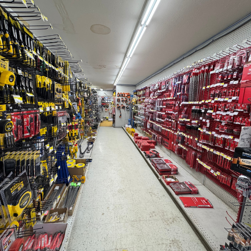 Milwaukee and Dewalt tools and supplies inside of Builders Supply Monteagle